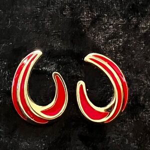 Vintage Trifari Gold Tone & Red Enamel Pierced Earrings